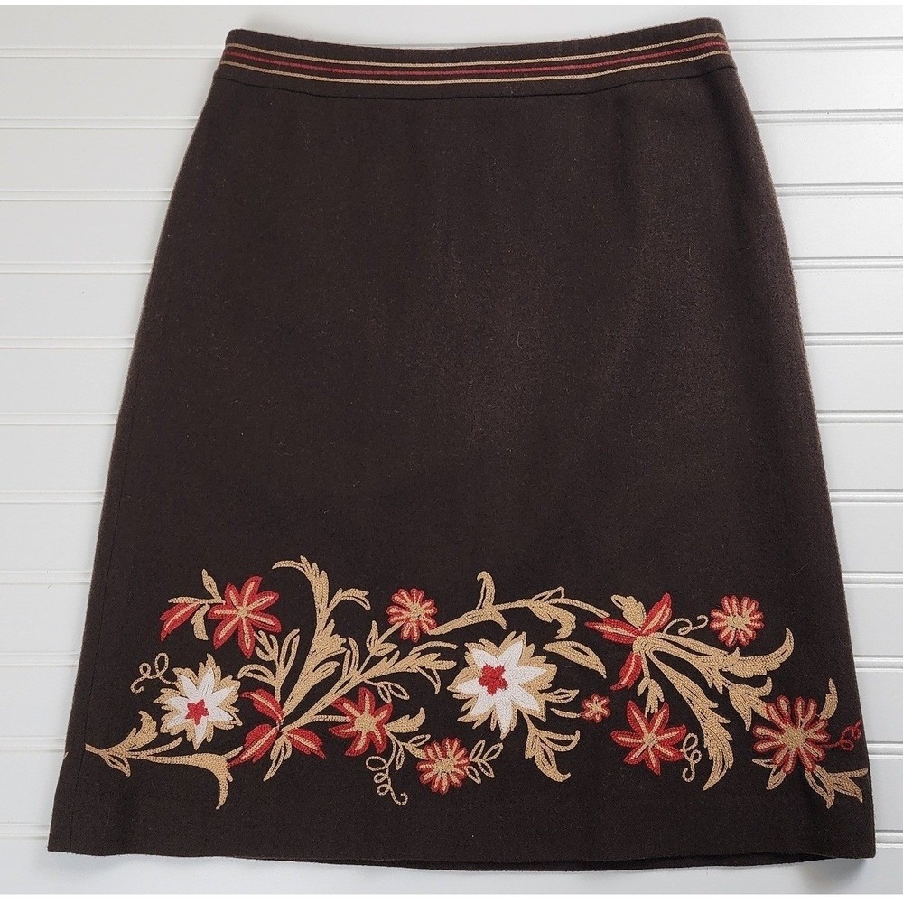 ANN TAYLOR LOFT PETITES Brown Embroidered Floral Wool Blend A Line Skirt Size 2P